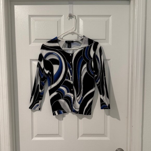 White House Black Market Blue Geometric Print Snap Up Cardigan Sweater Sz S EUC - Picture 1 of 7